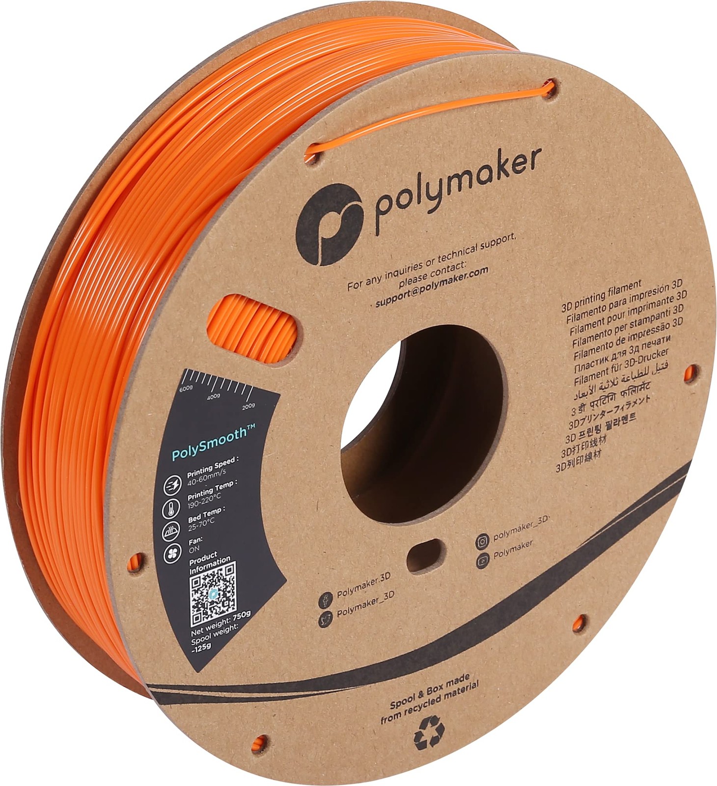 PolySmooth Orange 1.75mm 3D Printer Filament 0.75kg Smooth Finish Easy to Use