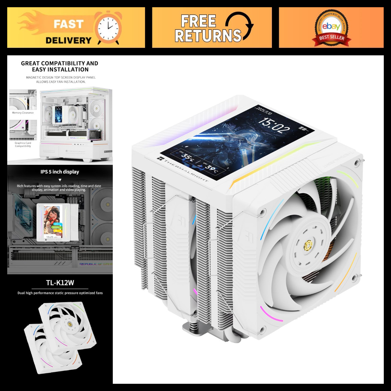 High-Performance CPU Air Cooler, Twin Tower ARGB, 2150RPM, Intel/AMD Compatible