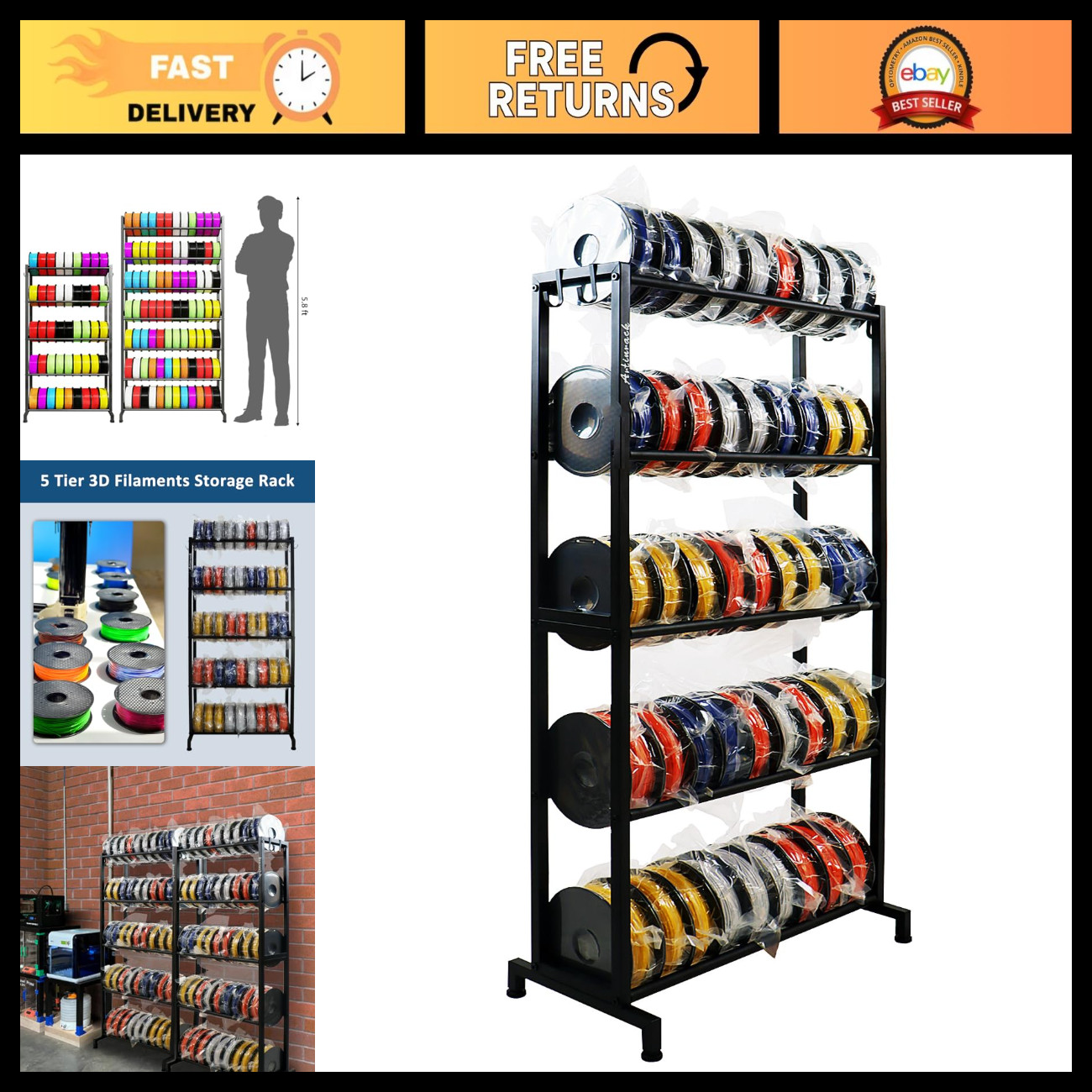 Heavy Duty 3D Printer Filament Rack - 5 Tier Storage Shelves for Filament Organi