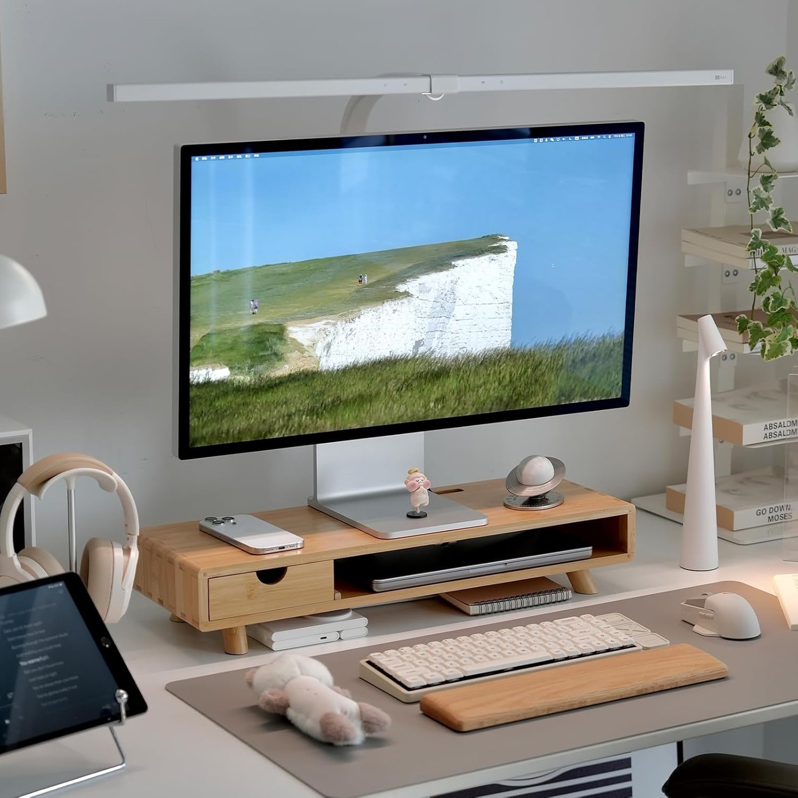 Bamboo Monitor Stand Riser with Drawer, Wooden Ergonomic Desk Organizer for