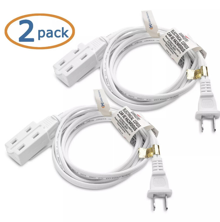  2-Pack 16 Awg 2 Prong Extension Cord (3 Outlet Cord) Wit