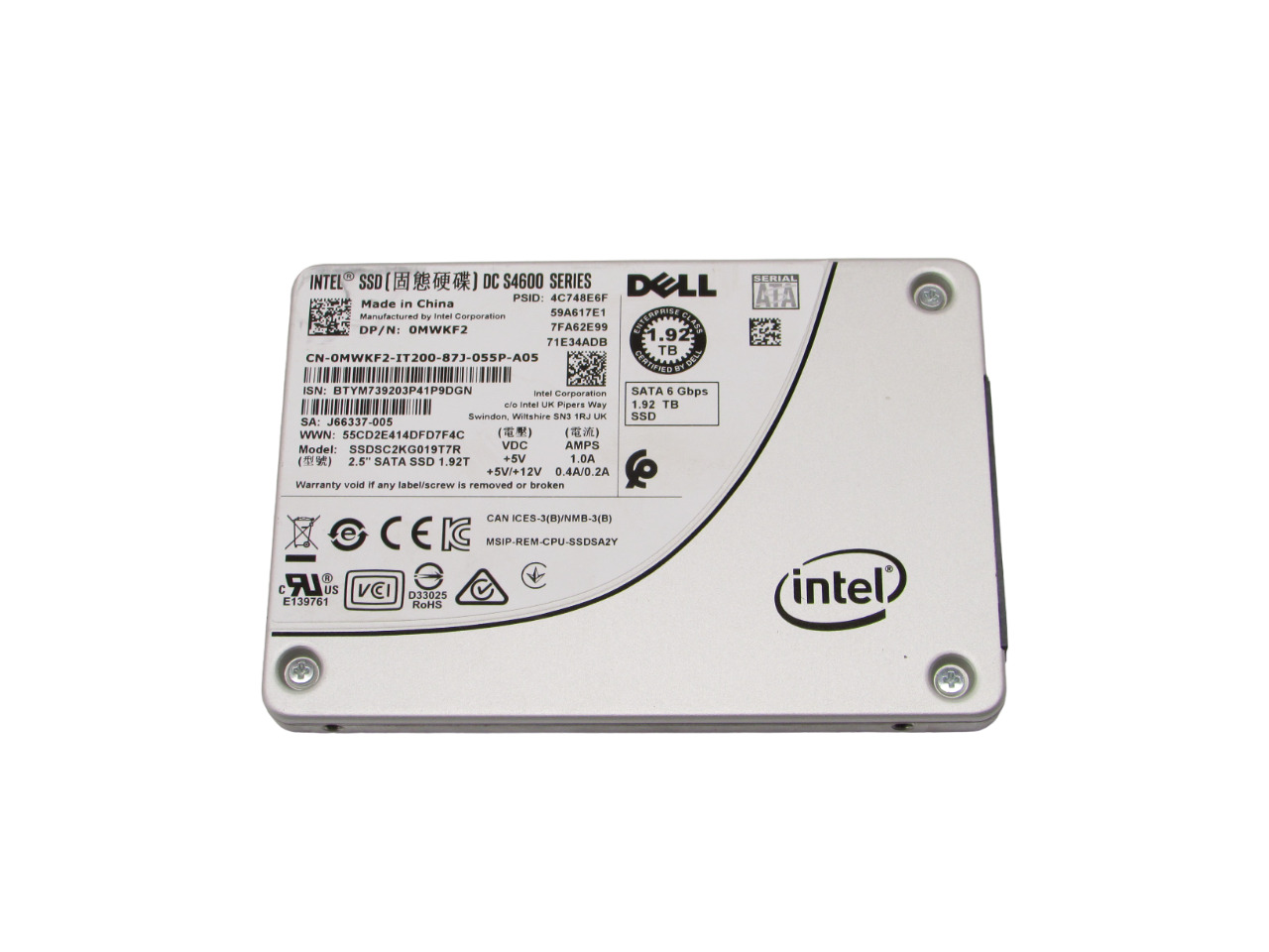 INTEL DC S4600 SERIES SSDSC2KG019T7R 1.92TB SATA SSD 6 Gbp/s DELL DP/N: 0MWKF2
