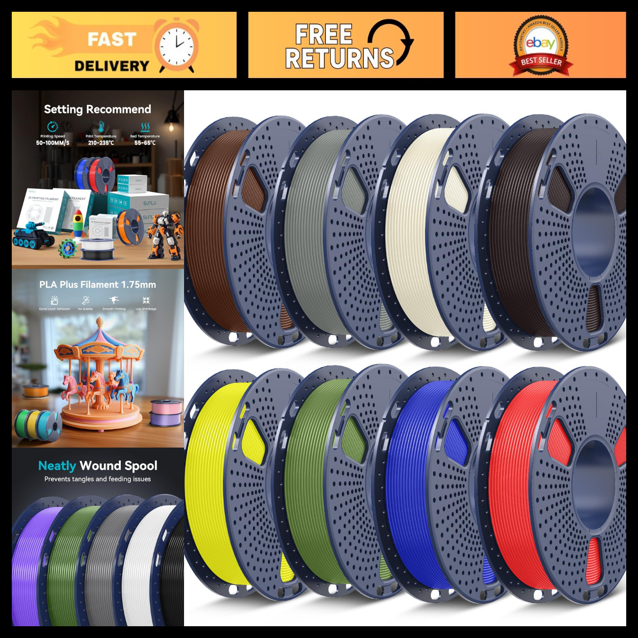 High-Quality 1.75mm PLA+ 3D Printer Filament, 8 Vibrant Colors, 2kg Total