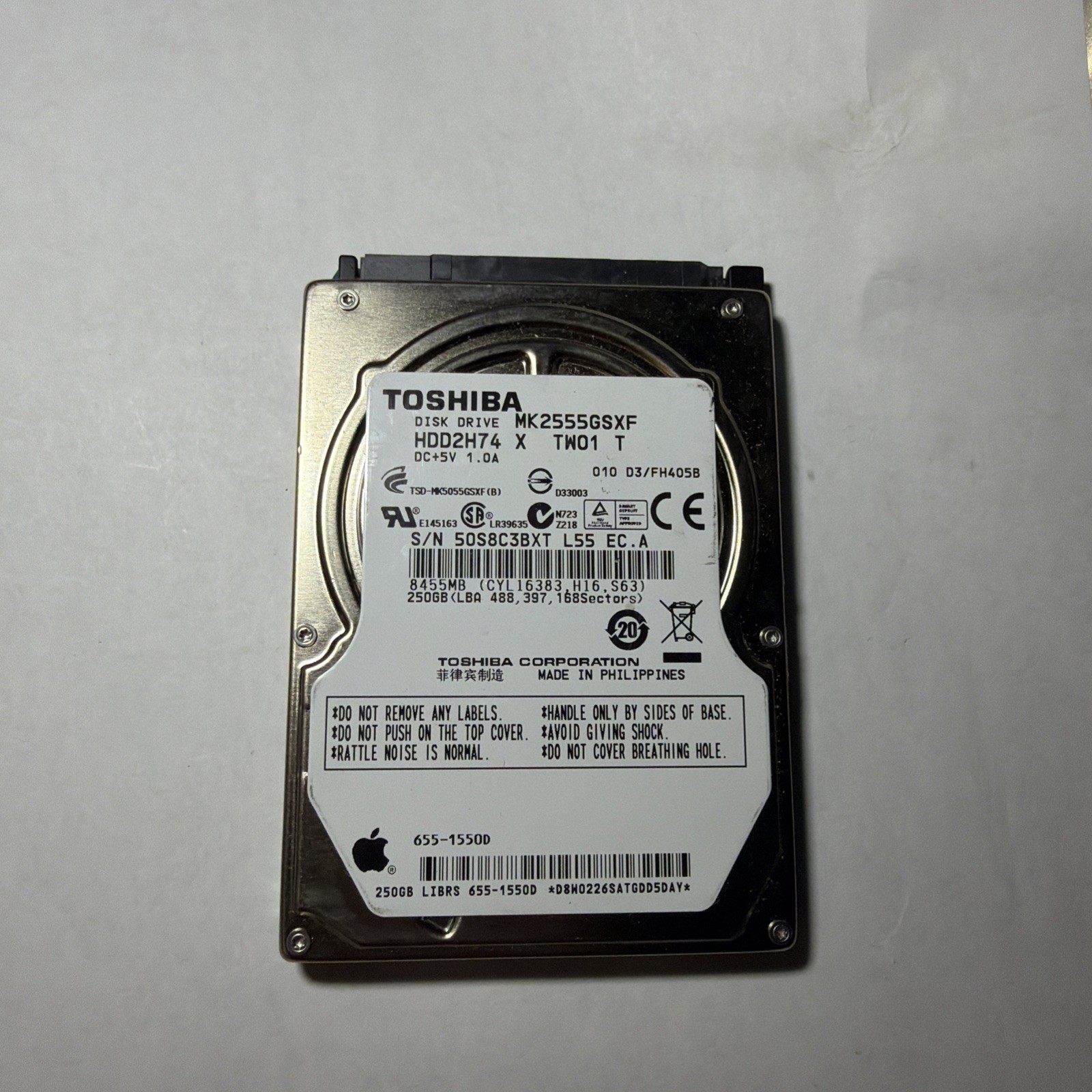 250GB 2.5" SATA Toshiba MK2555GSXF 50S8C3BXT APPLE HDD | TESTED | GRADE A
