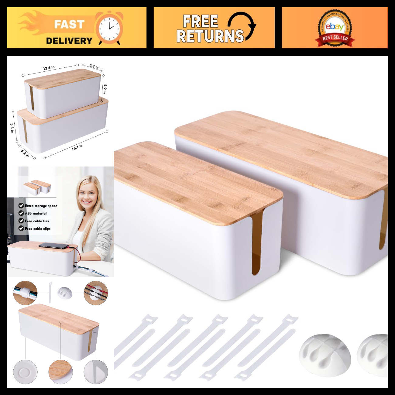 2-Pack Wooden Cable Management Box, Cord Organizer & Hideaway Storage Solution