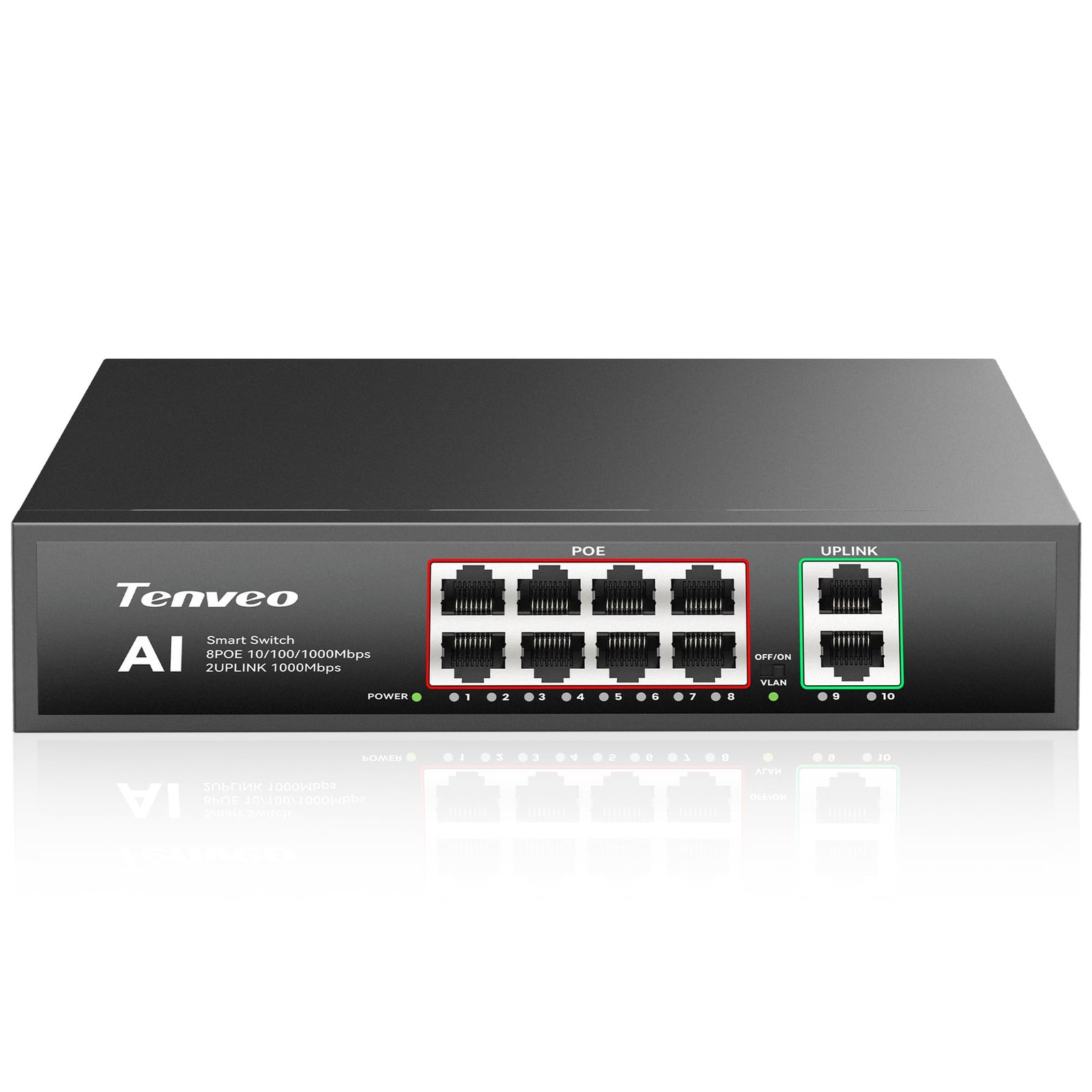Tenveo 8 Port Full Gigabit PoE Switch 8 PoE+ Ports @120W 2 Uplink Port Black