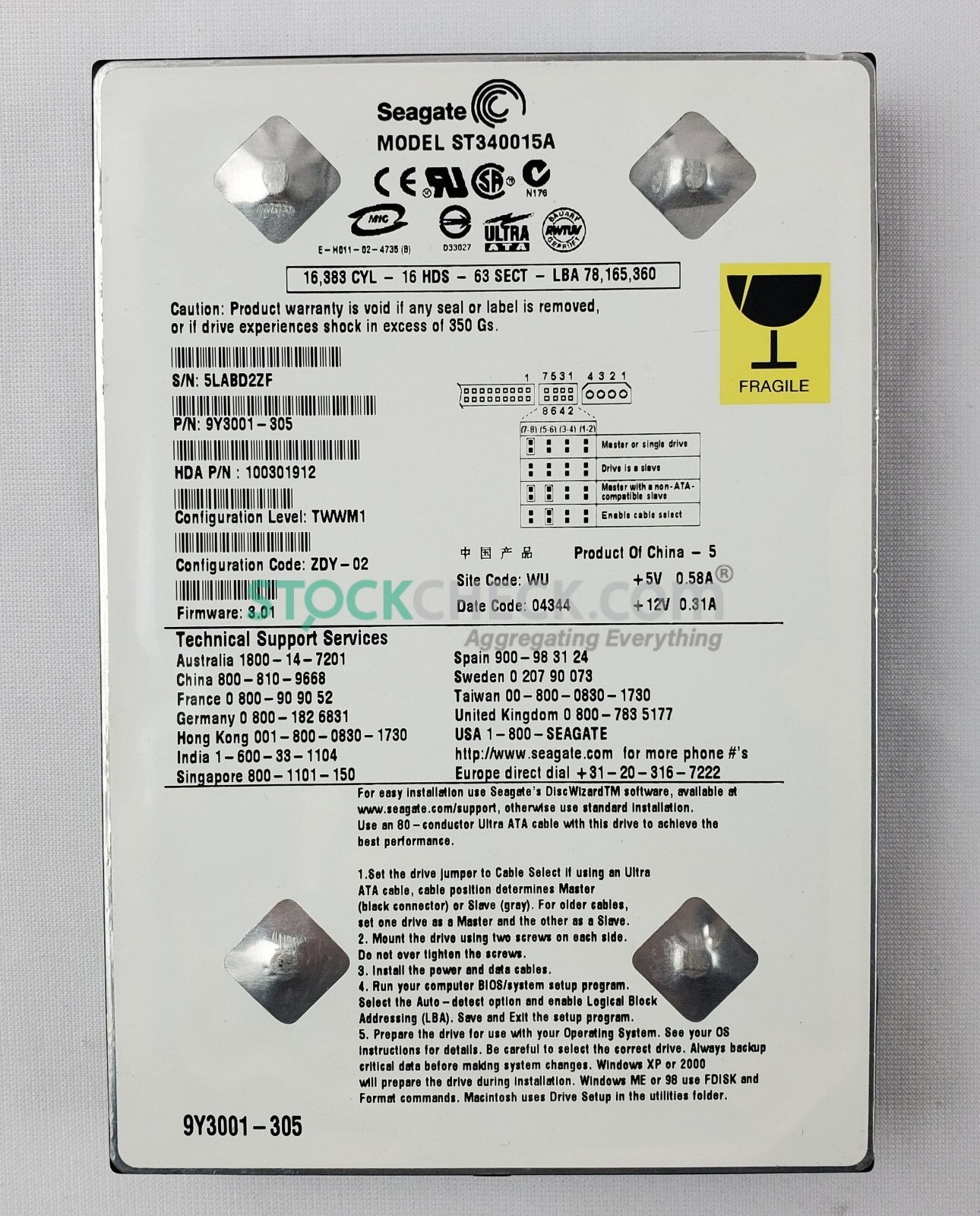 Seagate ST340015A Hard Disk Drive | Barracada 40GB ATA/100 HD 12.5MS 5400RPM 