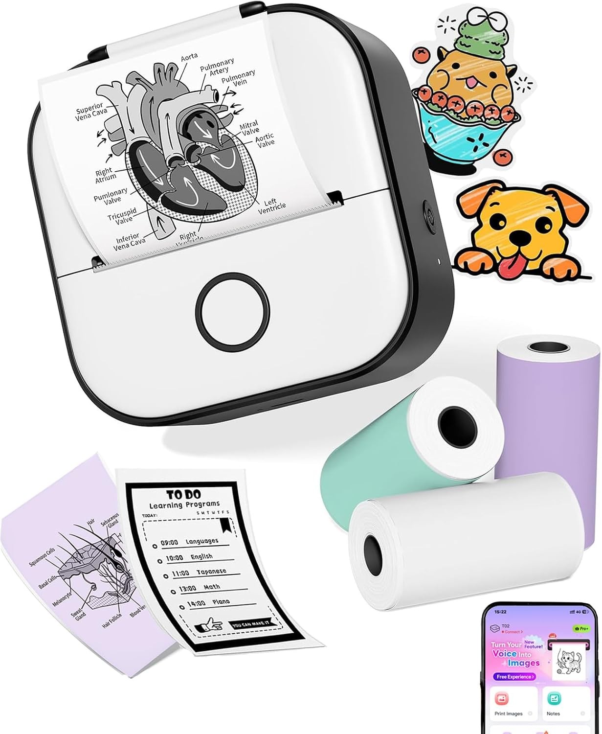 Mini Sticker Printer - New-Gen T02 Print Pods with 3 Rolls Paper AI Smart APP