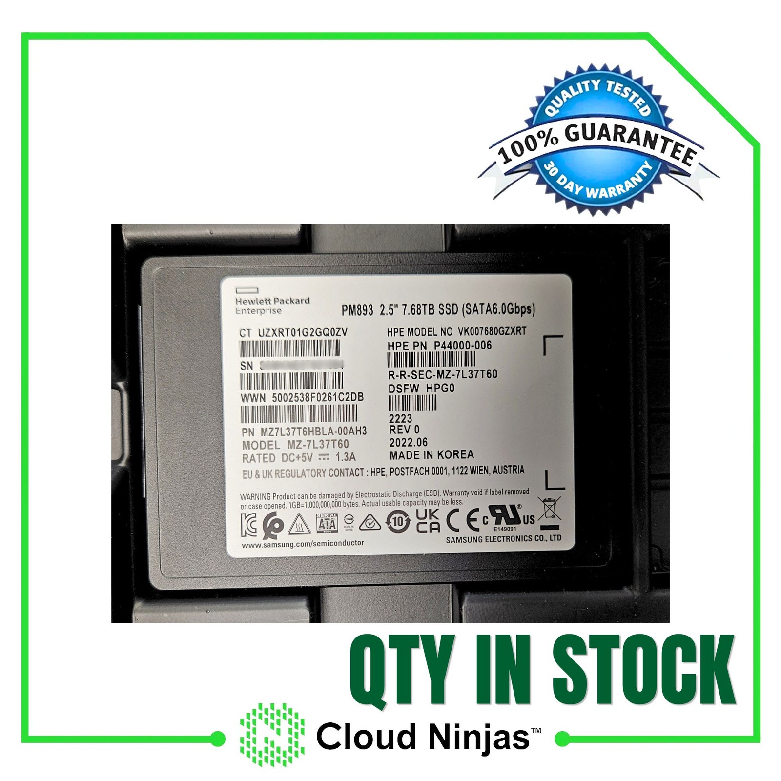 HP P44000-006 7.68TB SFF 2.5" PM893 6G SATA MZ7L37T6HBLA SSD