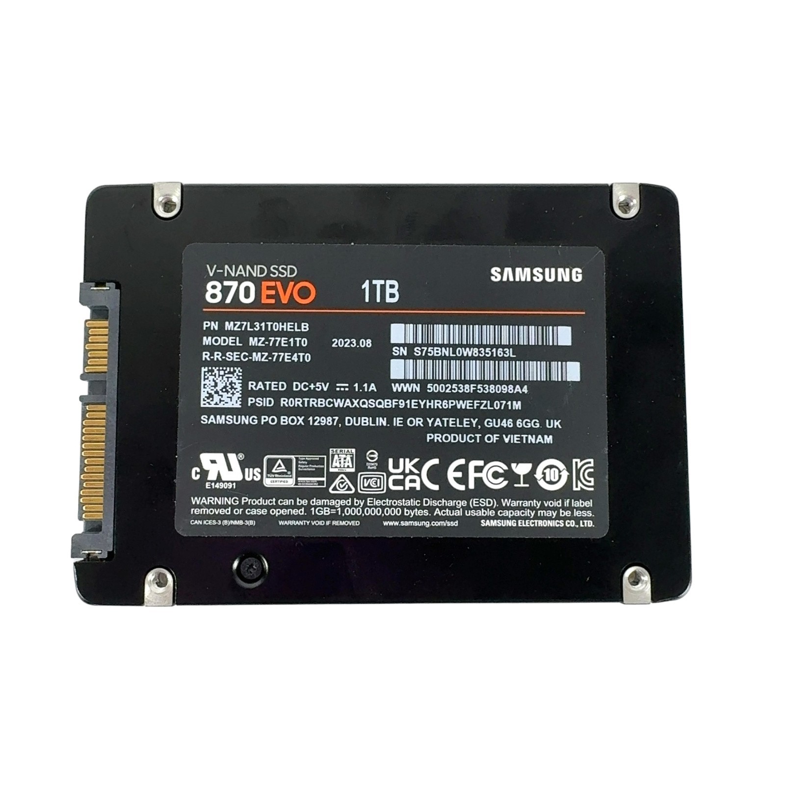 Samsung 870 EVO 1TB 2.5" SATA III Internal SSD, Black (MZ-77E1T0)
