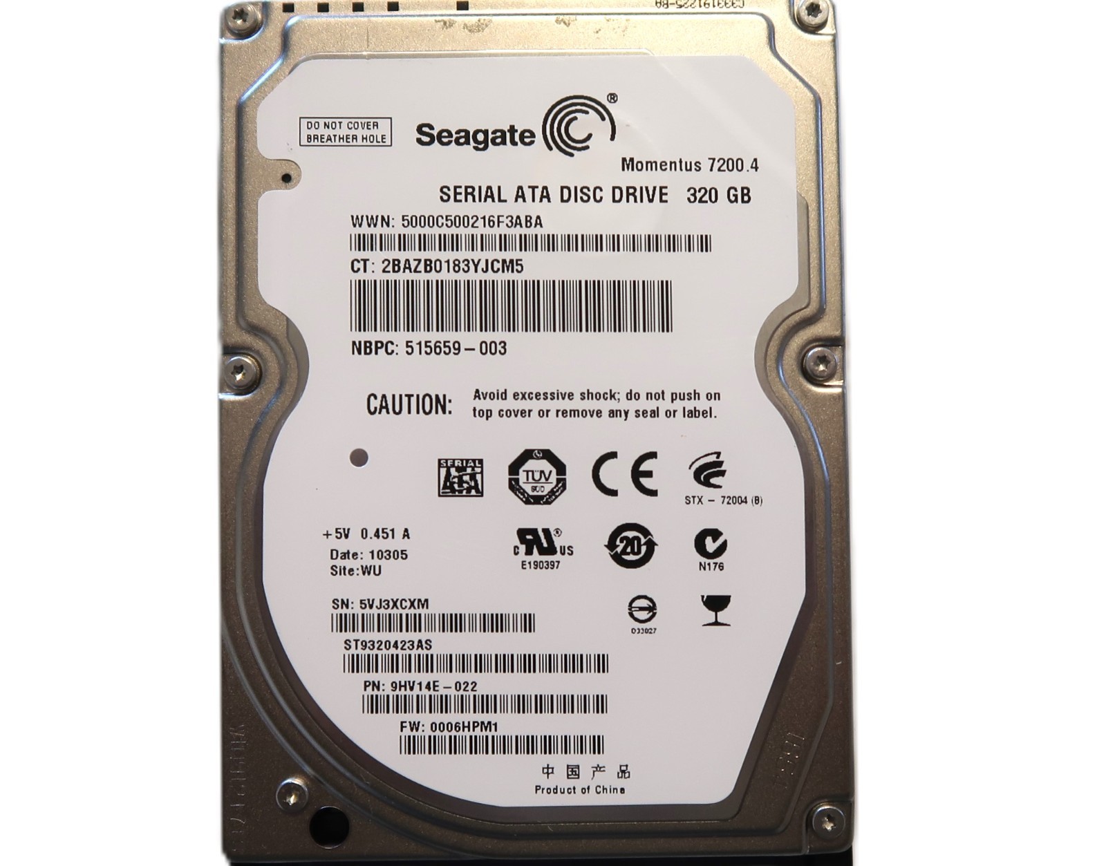 Seagate ST9320423AS 9HV14E-022 0006HPM1 WU China (5VJ) 2.5" 320gb Sata 01/2010