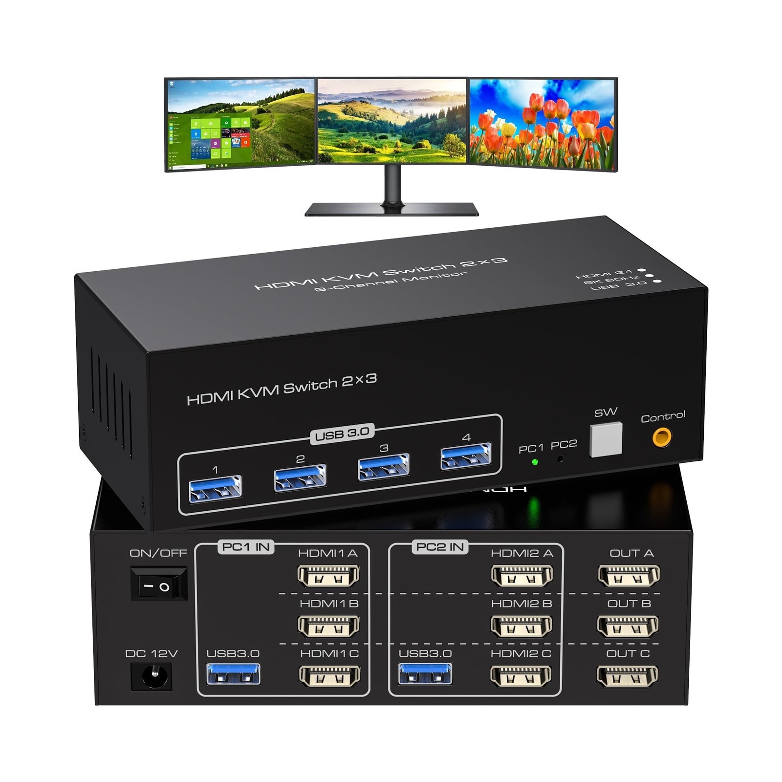 8K HDMI KVM Switch 3 Monitors 2 Computers 8K60Hz 4K120Hz USB 3.0 KVM Switches...
