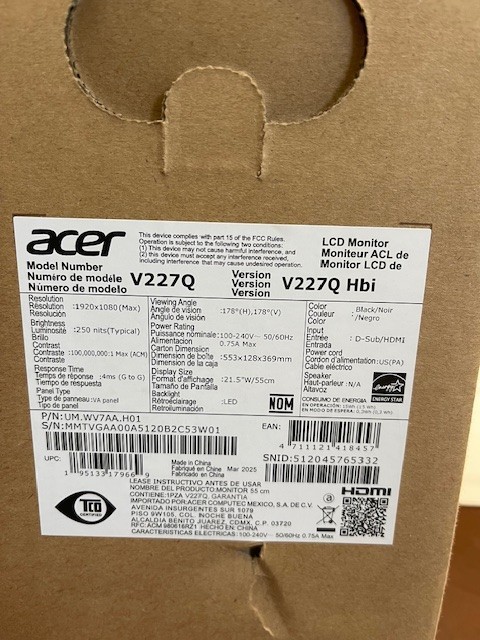 ACER V227Q LCD Monitor 21.5" 1920 x 1080 100Hz 4ms LCD NEW