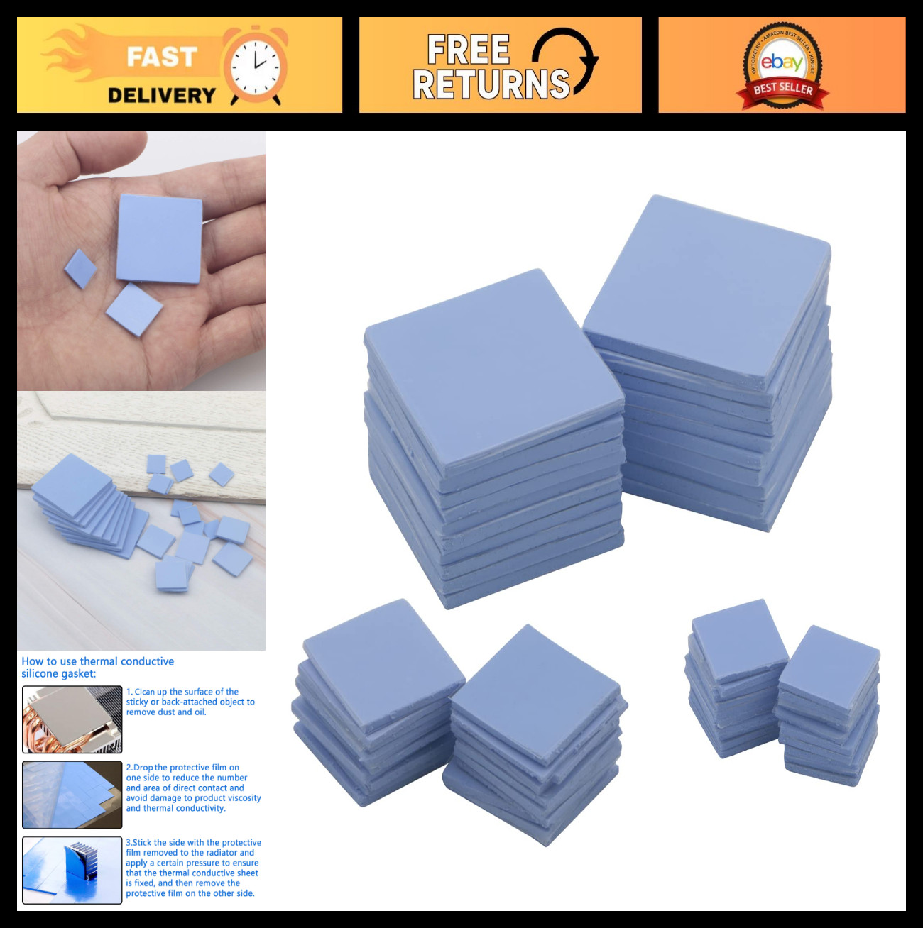60PCS Soft Silicone Thermal Conductive Pads 30x30mm 15x15mm 10x10mm for CPU GPU