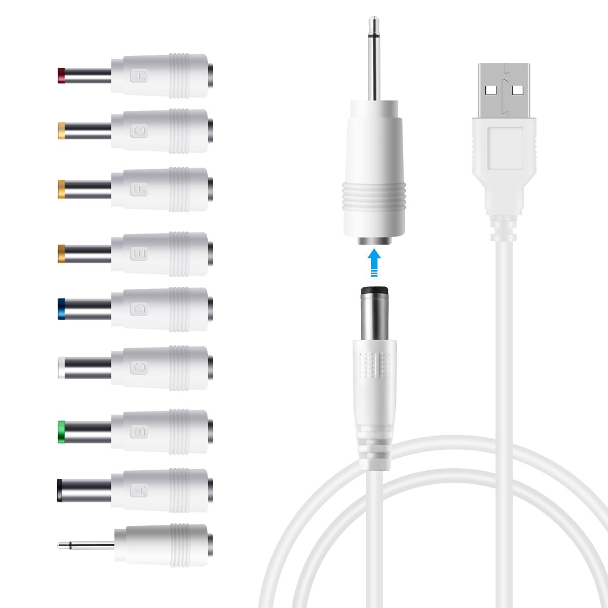 DC 5V Power Cord, USB to 5V DC Power Cable Charging Cord with 9 Adapters (6.4 *
