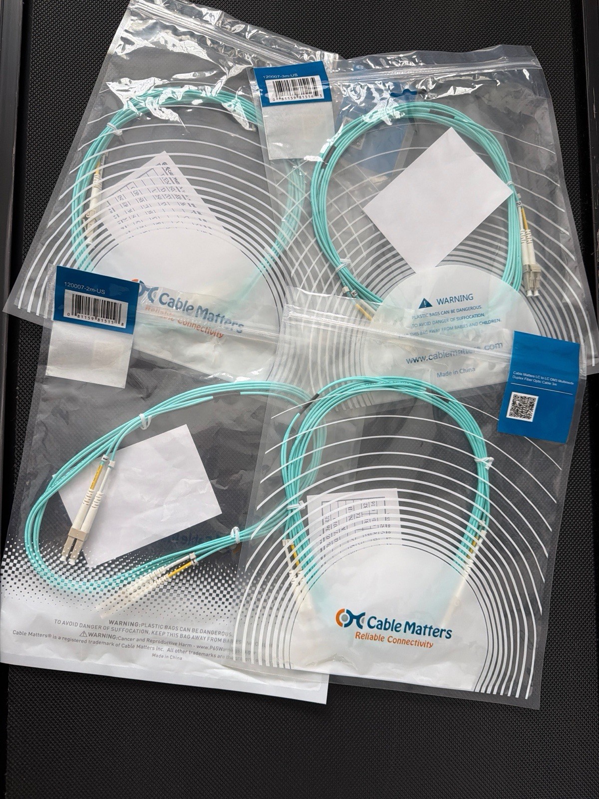 Cable Matters Lot of 4 OM3 LC-LC Multimode Duplex Fiber Cable 3m Plenum NEW