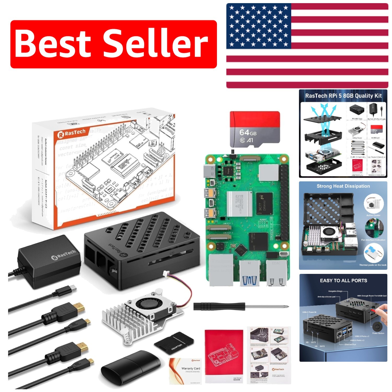 RasTech Raspberry Pi 5 8GB Kit: 64GB Edition with Active Cooling & Power Supply