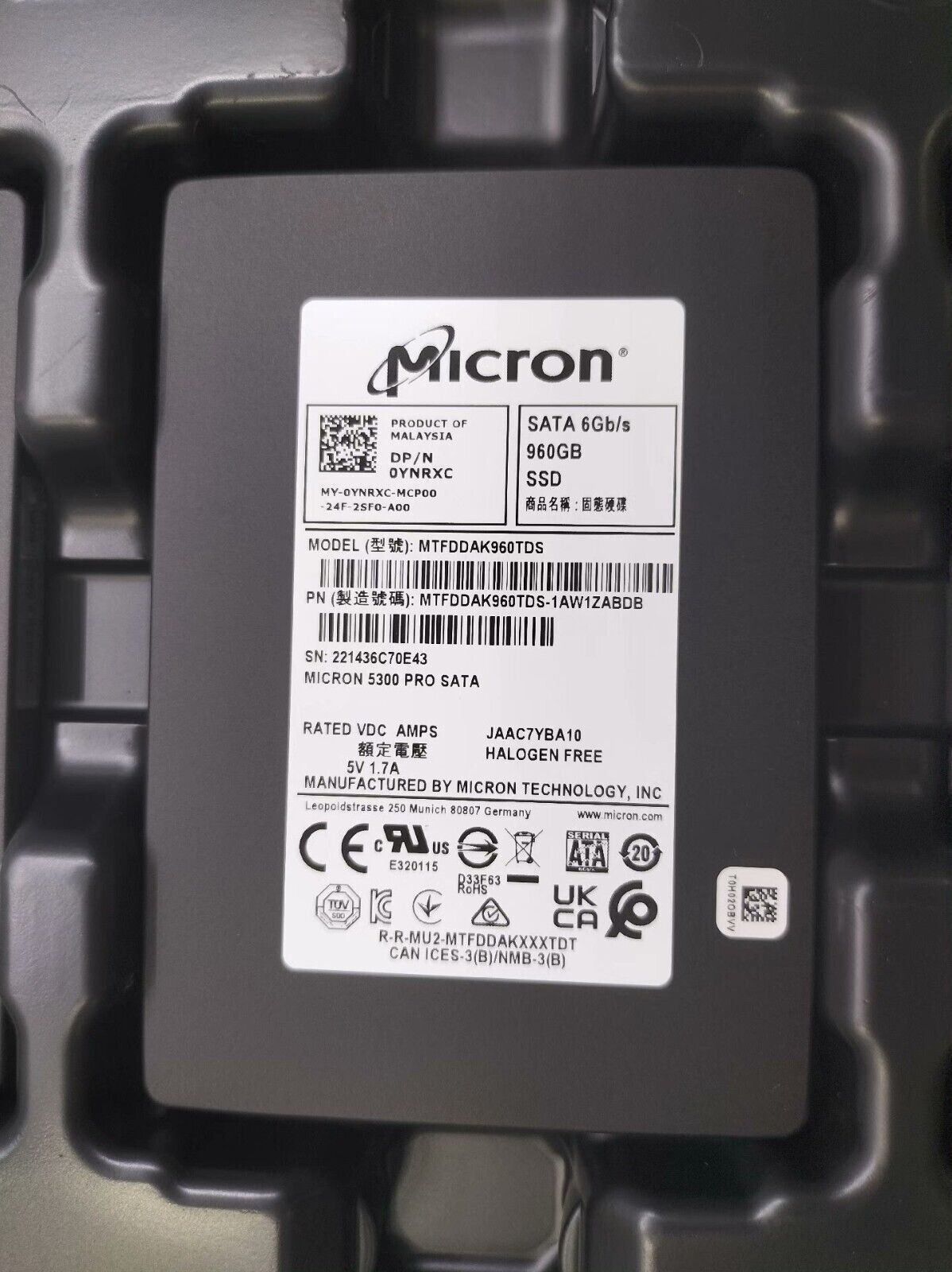 Dell 0YNRXC Micron 5300 Pro 960GB 2.5'' SATA SSD MTFDDAK960TDS-1AW1ZABDB New