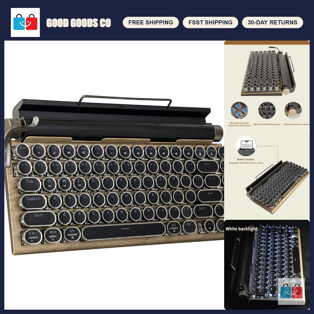 Retro Mechanical Keyboard, Bluetooth 5.0, LED Backlight, 83 Keys, Wood Panel, Co