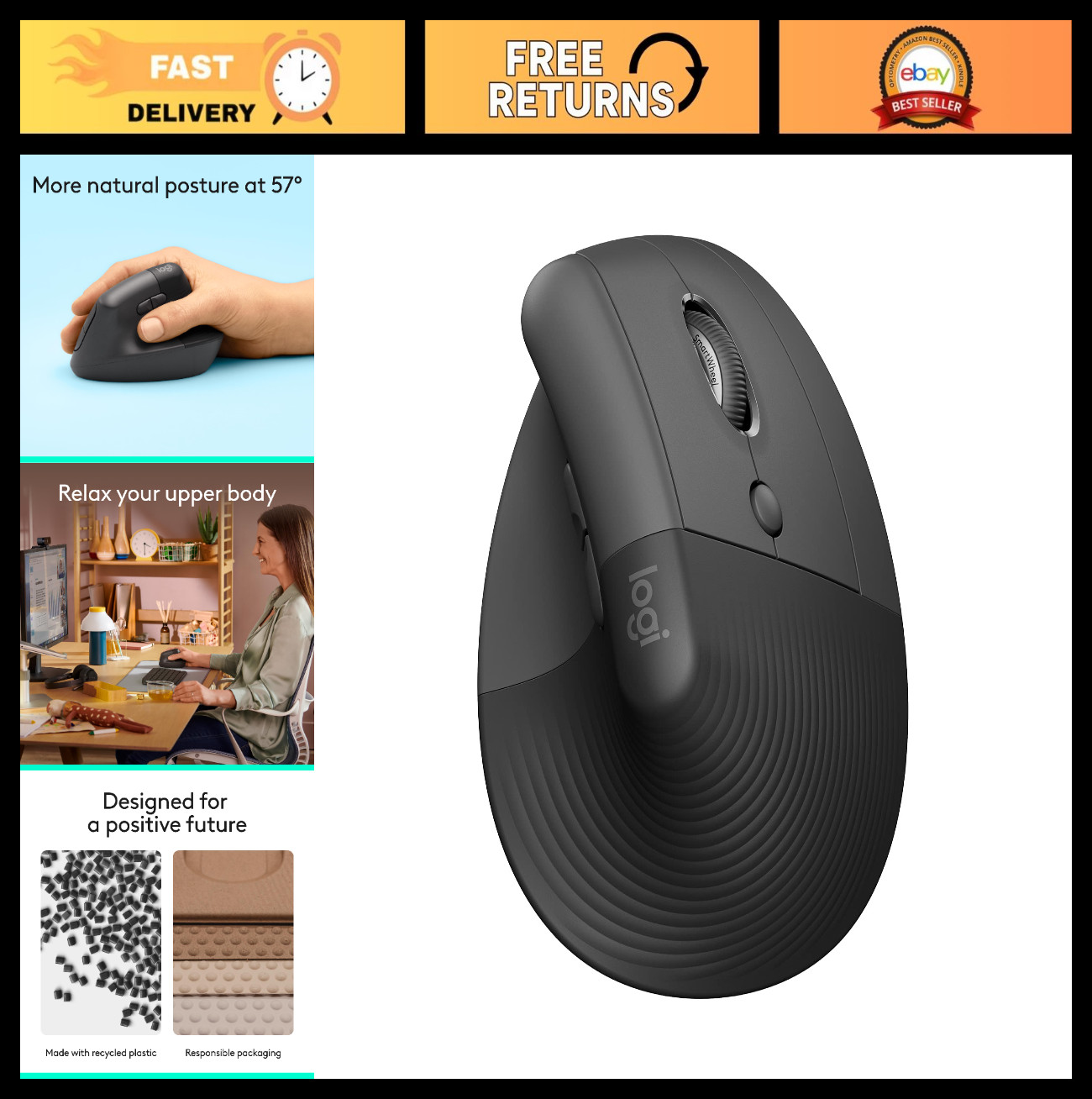 Ergonomic Vertical Wireless Mouse - Bluetooth & USB-A, Customizable Buttons, Qui