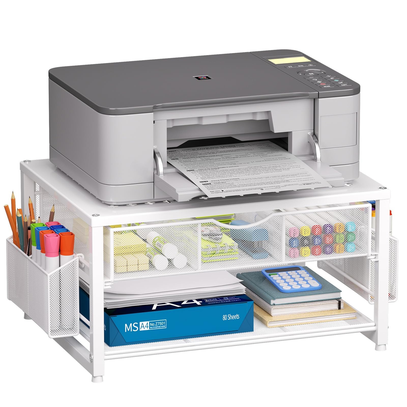Metal Printer Stand for Desk with Storage Drawer and 2 Pen Holders, 2-Tier De...