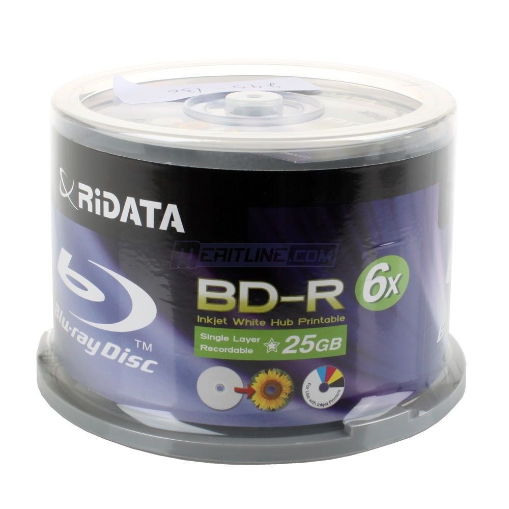 300 Ritek Ridata 6X 25GB BD-R White Inkjet HUB Printable Blu-ray Blank Disc