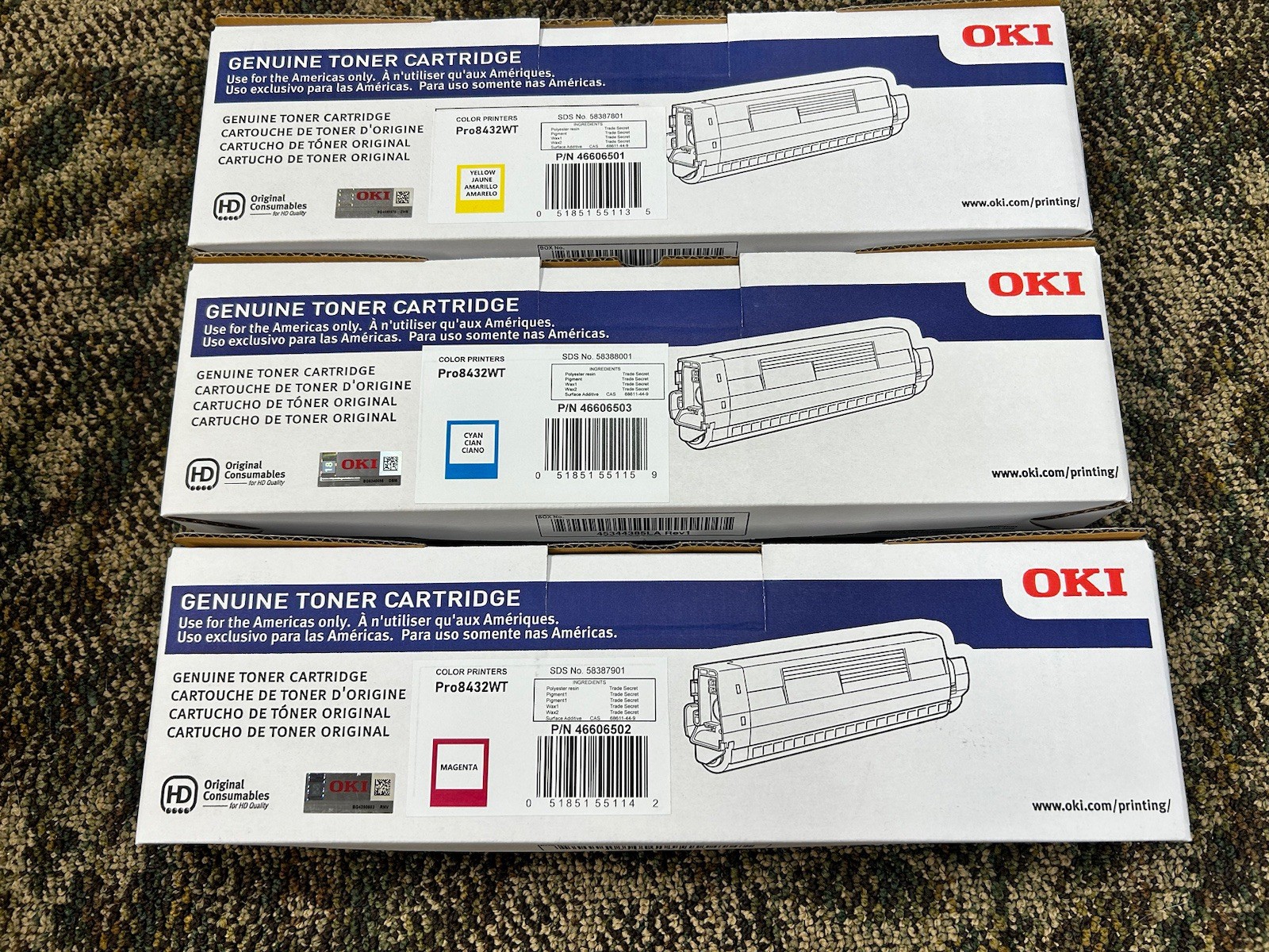 Okidata Pro8432WT P/N 46606503  46606502 46606501 CMY Genuine Toner  OKI 8432