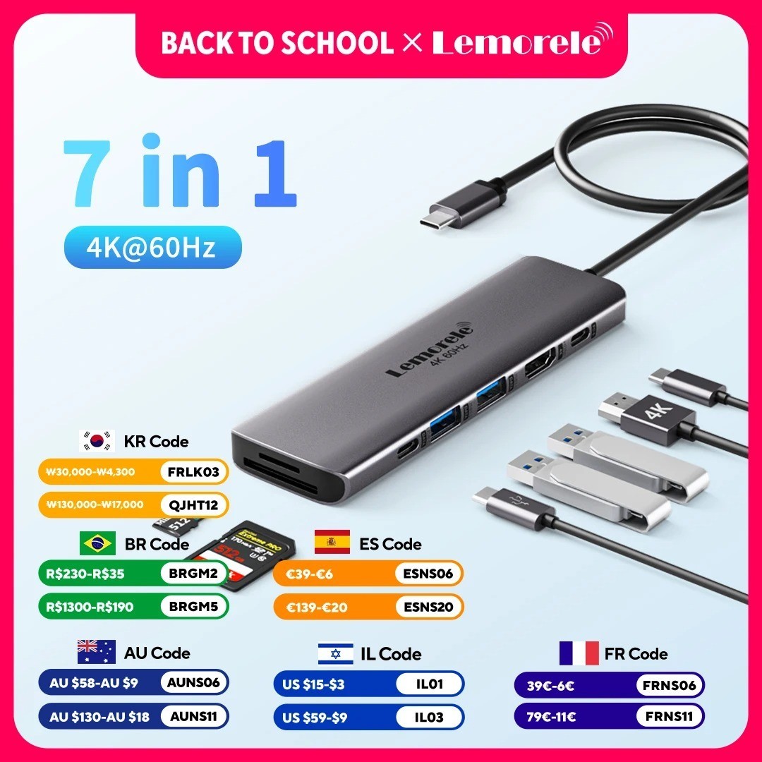 Lemorele 7-in-1 USB-C Hub Docking Station HDMI 4K 60Hz USB 3.0 PD 100W Adapter