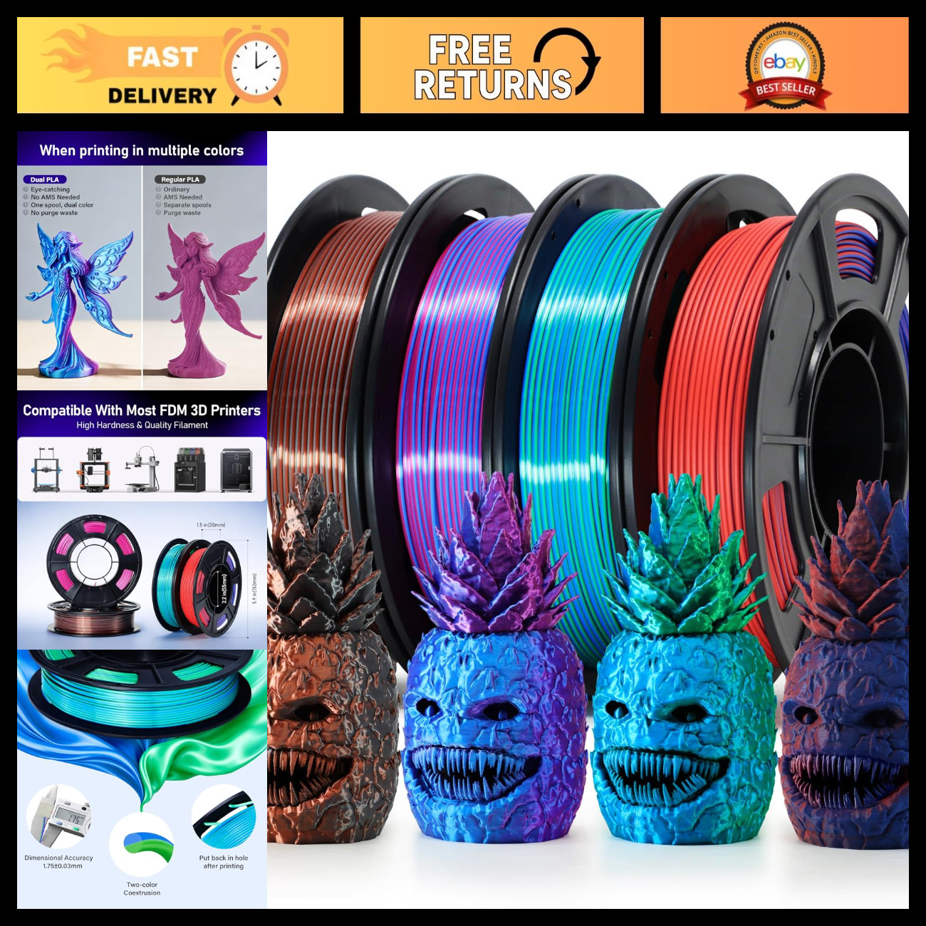 Dual Color 3D Printer Filament 1.75mm - 4x250g Coextrusion Pack for Vibrant Prin