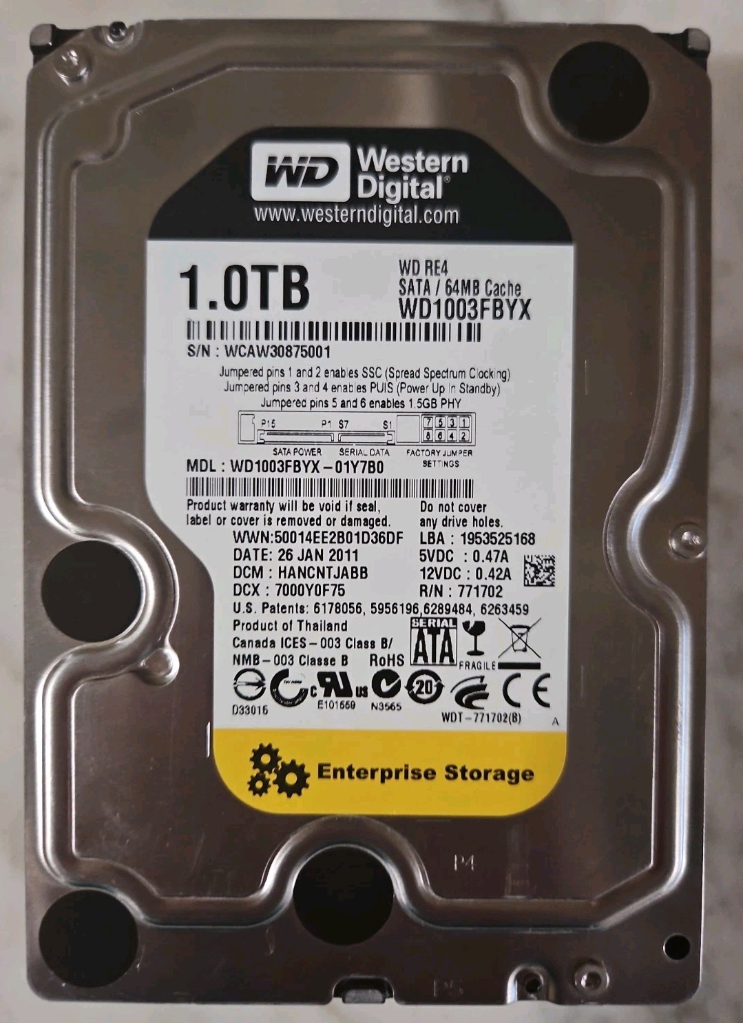 Western Digital | WD1003FBYX-01Y7B0 | 1TB | SATA | 64MB Cache | Health: Good |