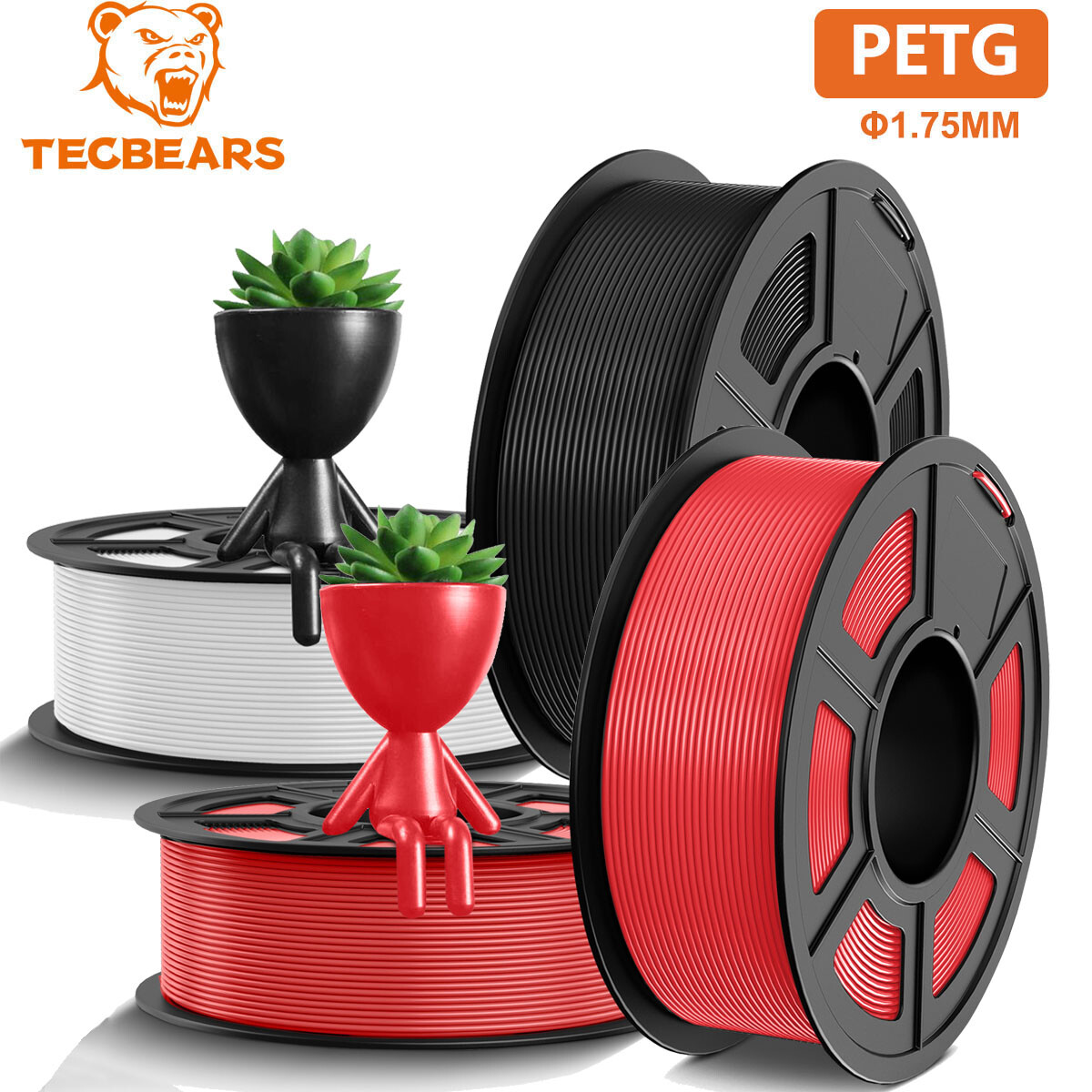TECBEARS PETG 4KG Filament 1.75mm Bundle No Clogging PETG 3D Printer Filament