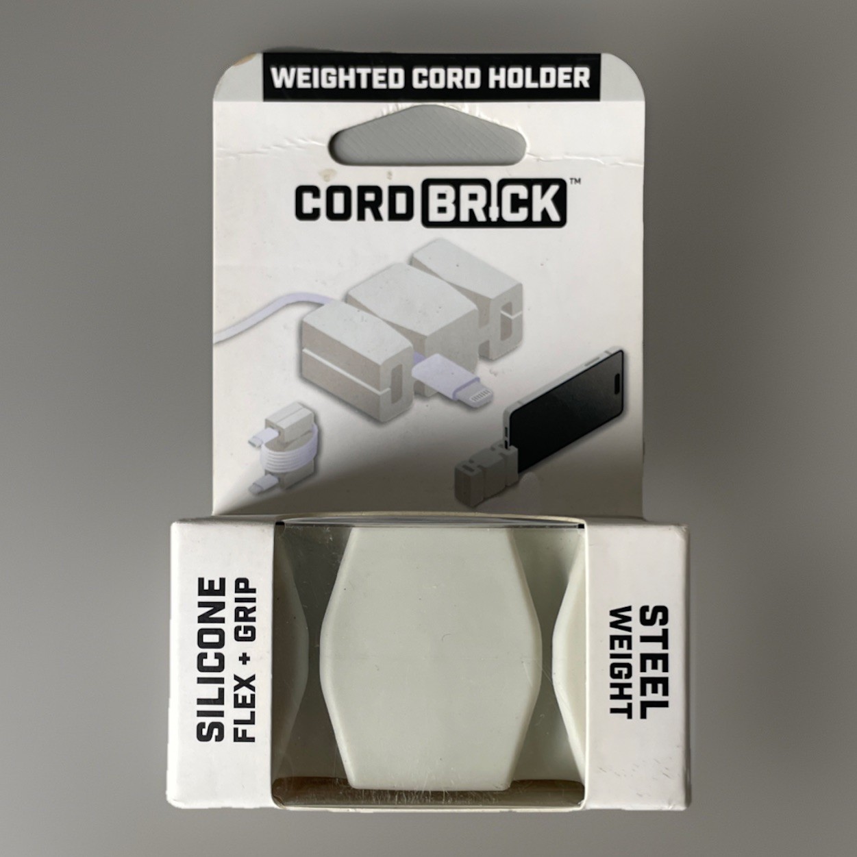 CordBrick Weighted Cord Holder Phone Stand Silicone Cable Organizer White NEW