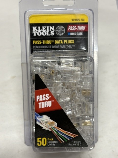 KLEIN TOOLS VDV826-703, RJ45, CAT6, PASS THRU DATA PLUGS GOLD PLATED, 50 COUNT *