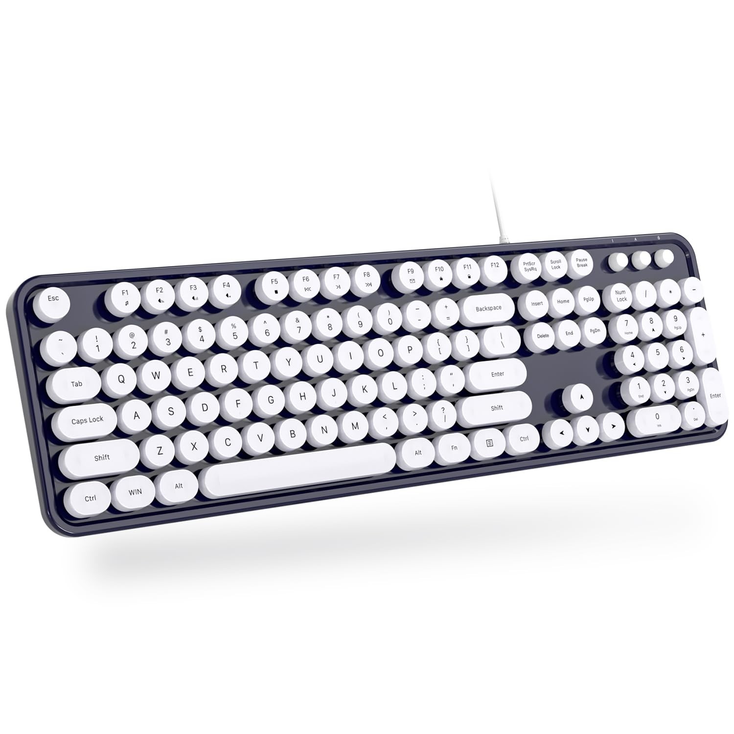 Dark Blue Computer Wired Keyboard USB Retro Round Typewriter Foldable Stands