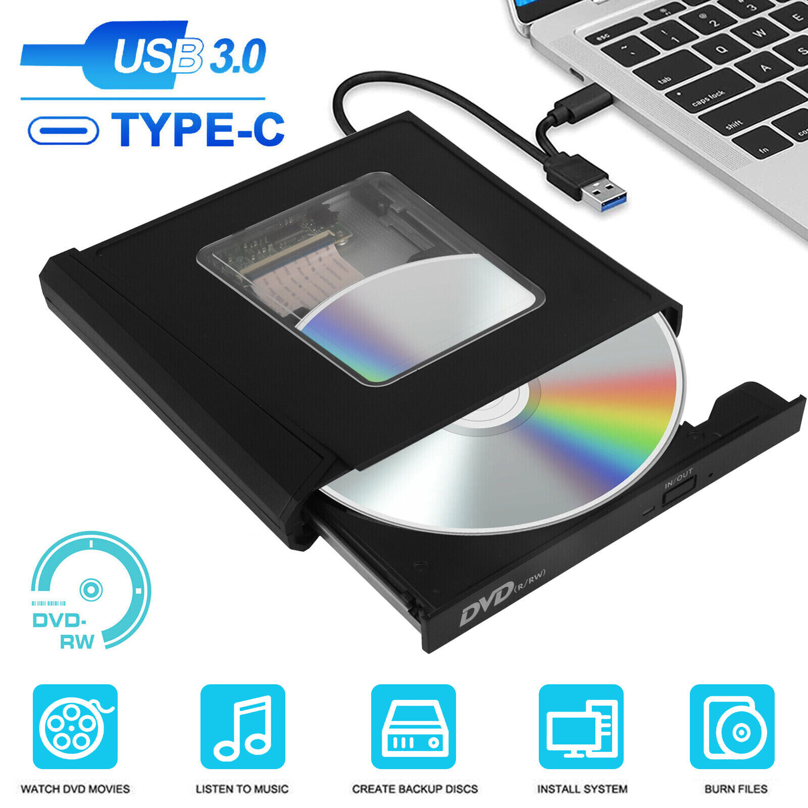 USB 3.0 Disc Player Burner Writer Slim External CD DVD Drive For Laptop PC Mac