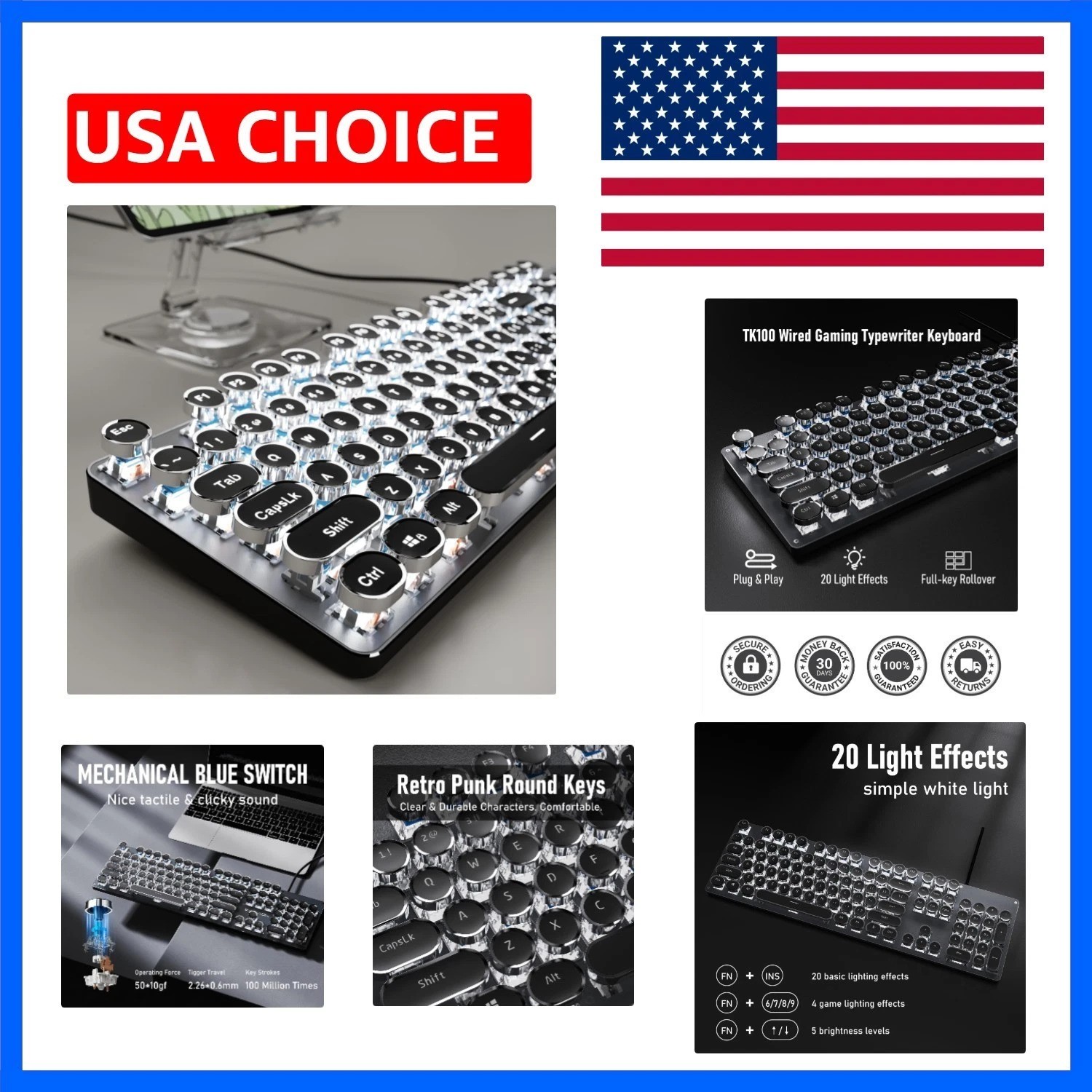 Typewriter Style Mechanical Gaming Keyboard with White Backlit, Wired Retro P...