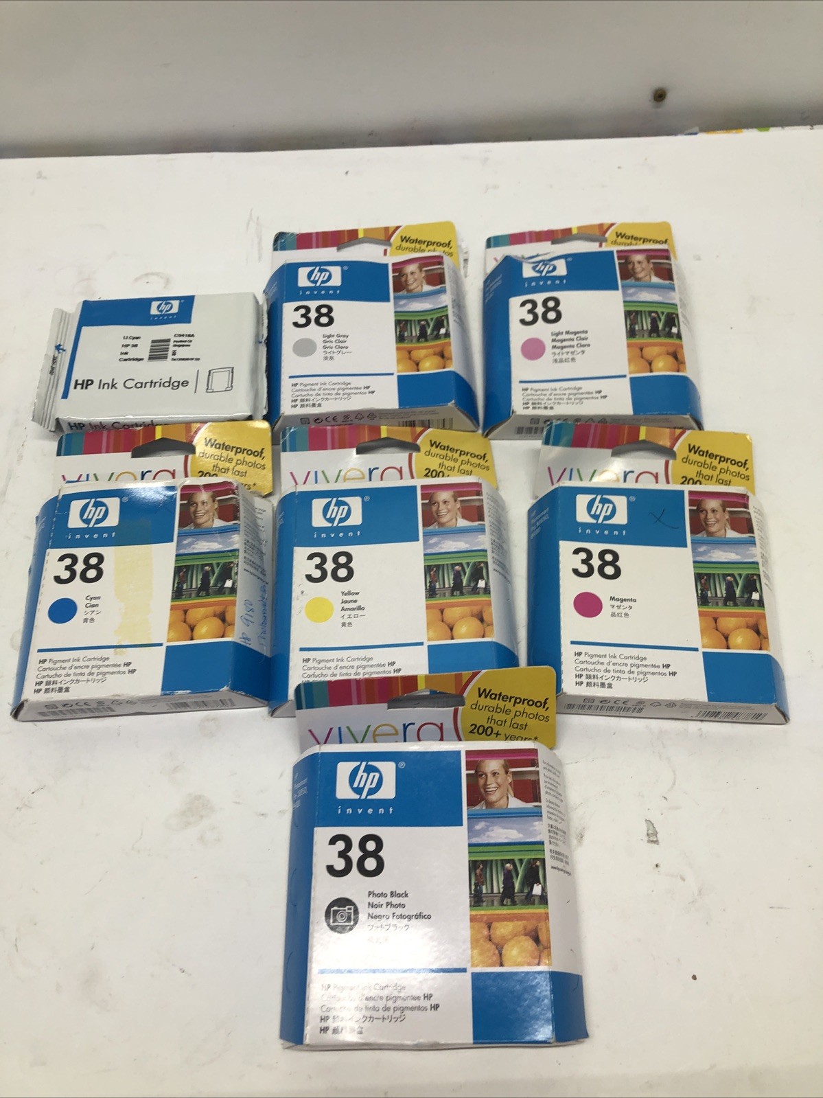Lot of 7 -- OEM HP 38 Cartridges -- New Sealed-- see description for colors