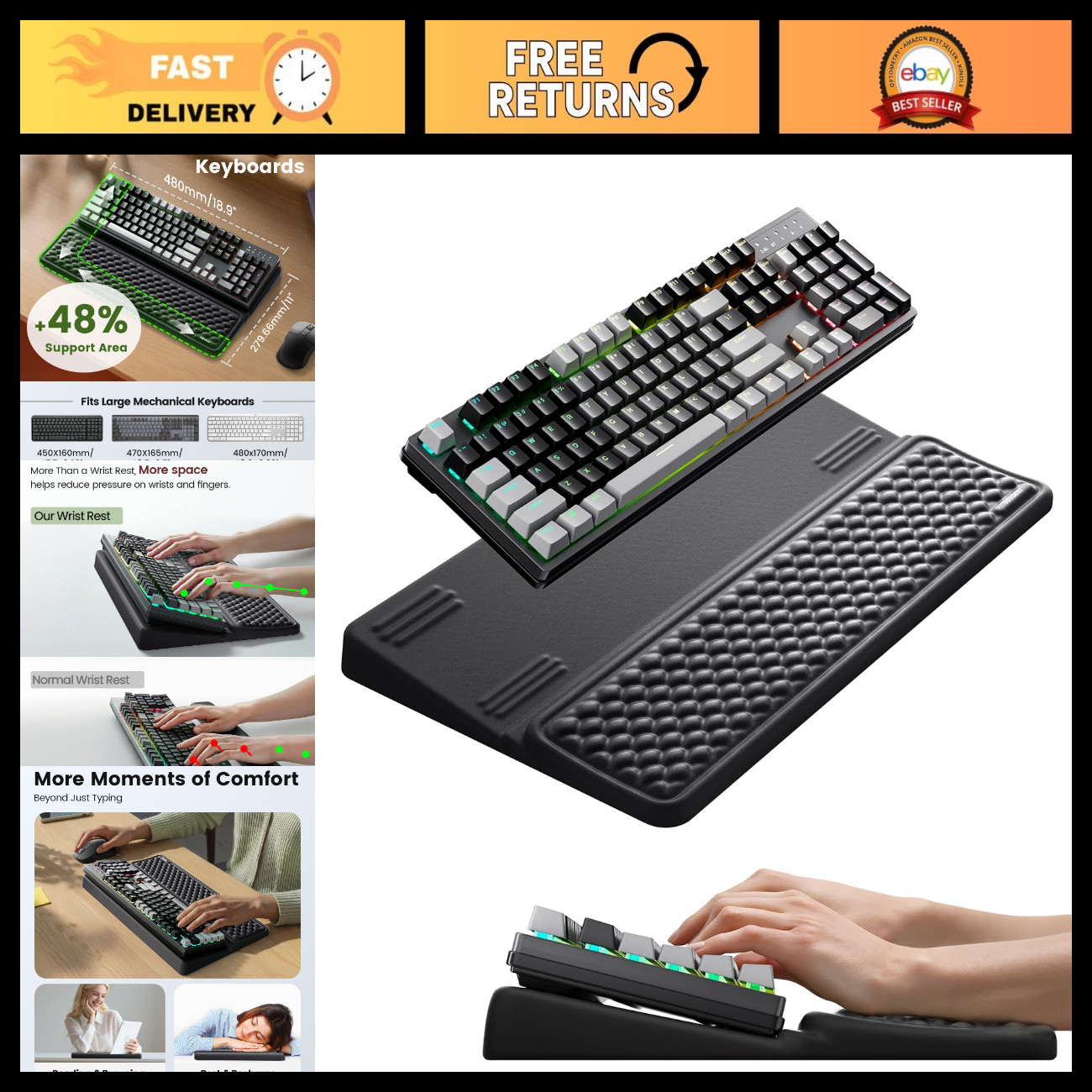 Extra-Large Ergonomic Wrist Rest & Keyboard Stand, Soft Memory Foam Cushion, Car