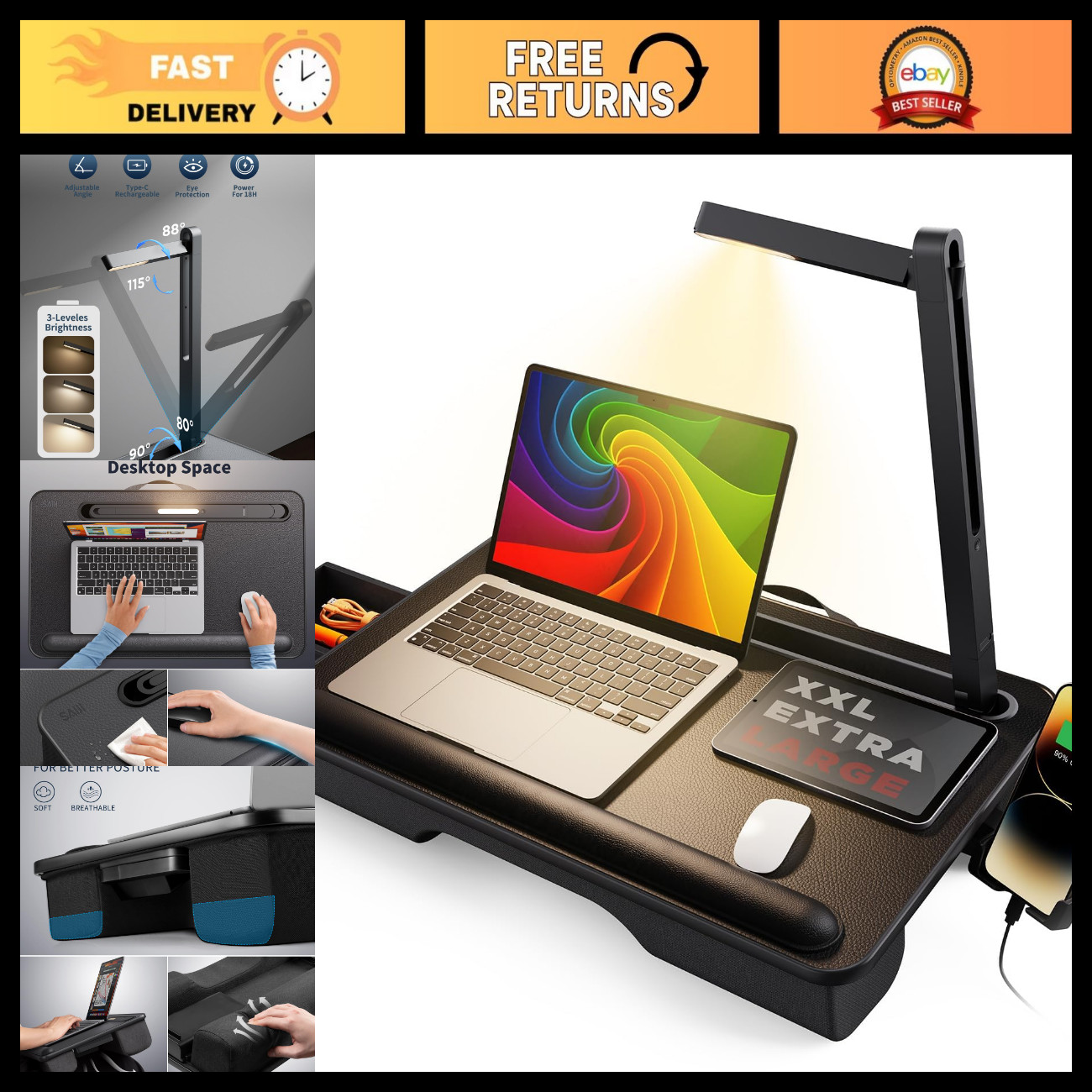 Portable Lap Desk with LED Light, Cushioned Laptop Tray for Home & Travel