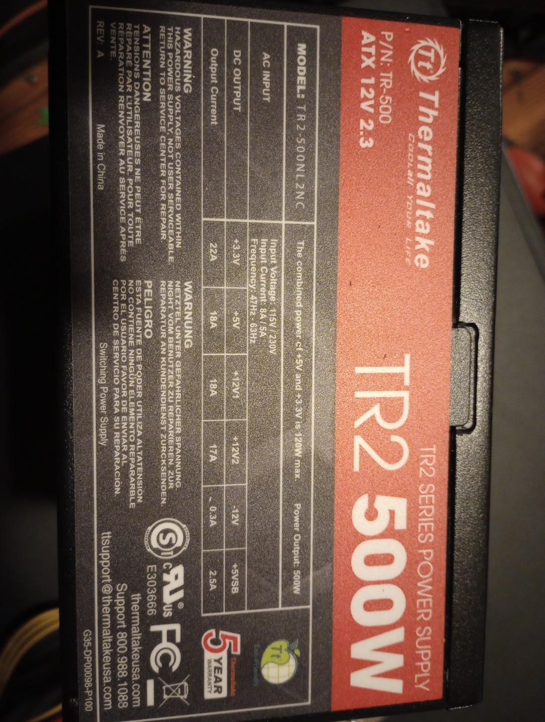 Thermal take P/N TR-500 ATX 12v 2.3 TR2 Series Power Supply TR2 500w