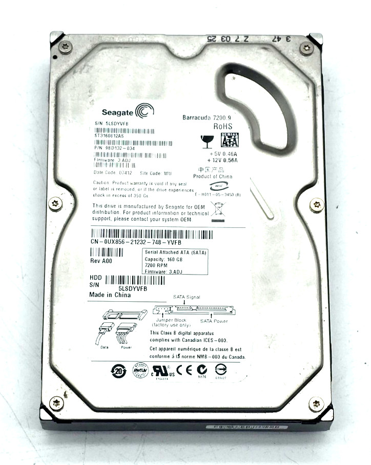 Seagate Barracuda 7200.9 160GB 3.5 SATA HDD ST3160812AS 0UX856 Tested