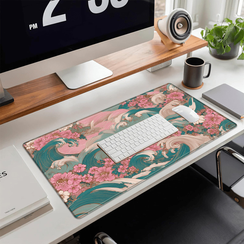 One Japanese Ukiyo E Style Pink Floral Ocean Wave Large Desk Mat Anti Slip Rub