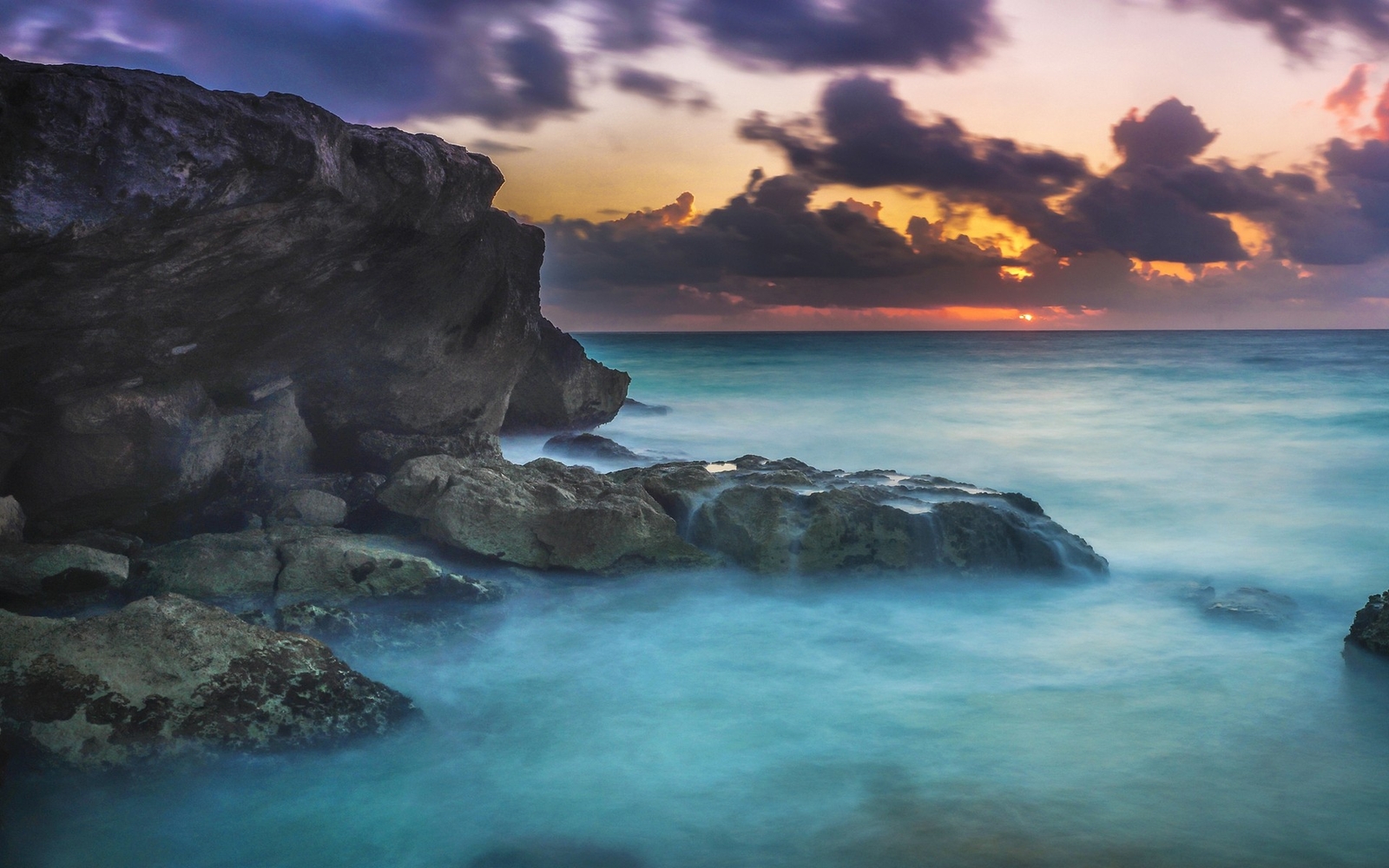 Landscape nature mist coast sunset sea clouds rocks Custom Gaming Mat Desk
