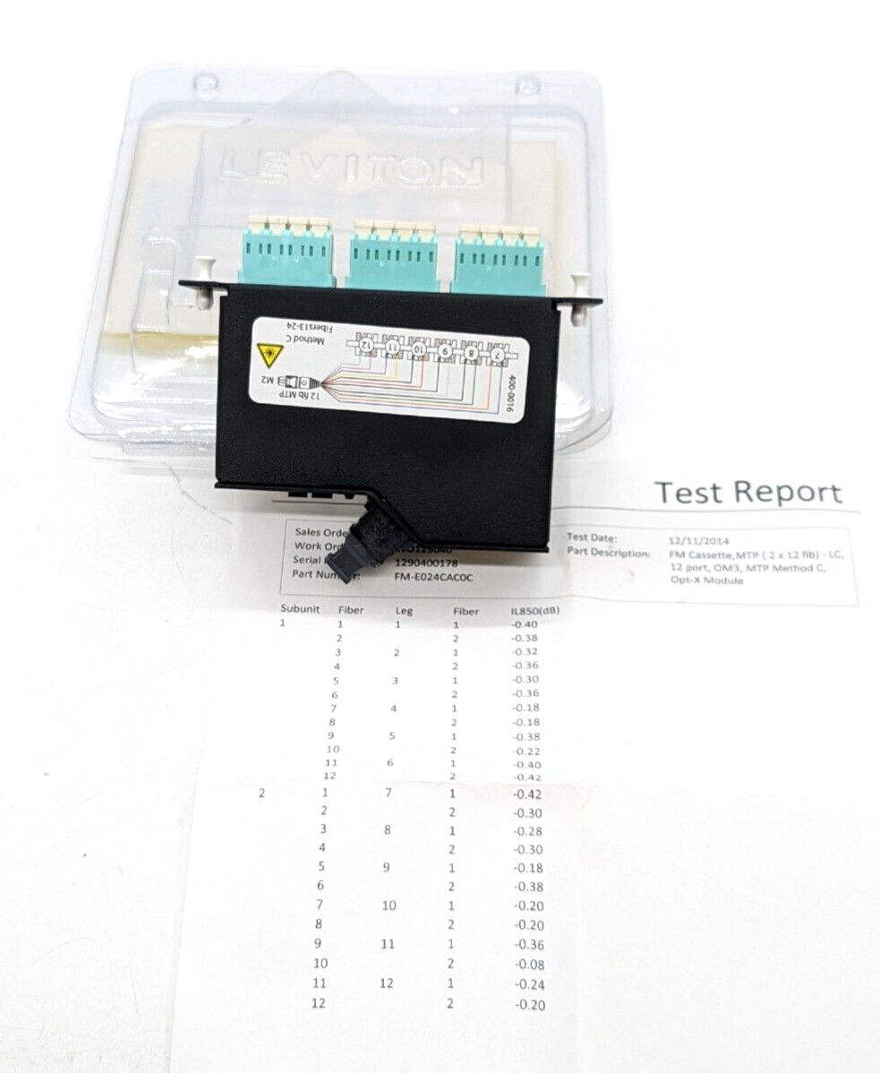 Leviton FM-E024CAC0C FIBER PLUG-N-PLAY MODULE MTP-LC 12 PORT, OM3, METHOD C
