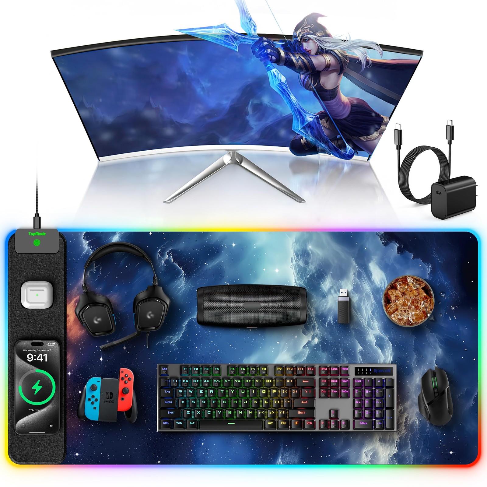 5-in-1 RGB Mouse Pad with 15W Wireless Charging, Keyboard Pad for Desk | 31.5...