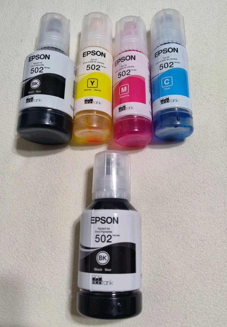 Epson 502 Ink Refill Bottles Set Black Cyan Magenta Yellow4 empty 1 black filled