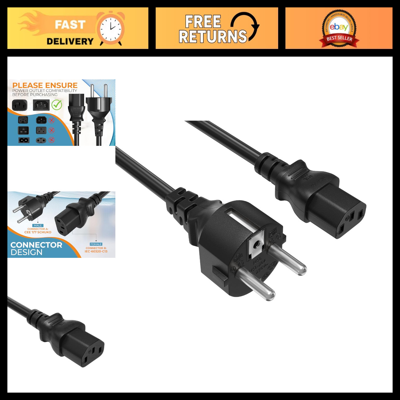 8ft 18AWG European Schuko Power Cord CEE 7/7 to IEC320 C13, 10A/250V, EU Travel