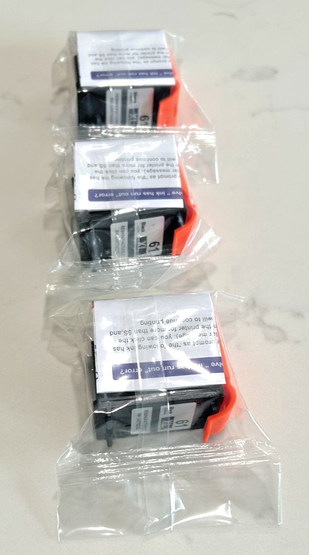 Three HP 61XL Black Re-manufactured Ink Cartridges - New in Package
