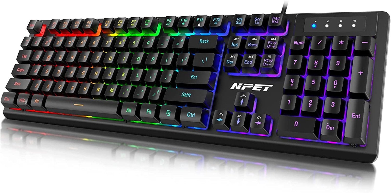 NPET K10 Wired Gaming Keyboard, LED Backlit, Spill-Resistant Design, Multimedia 