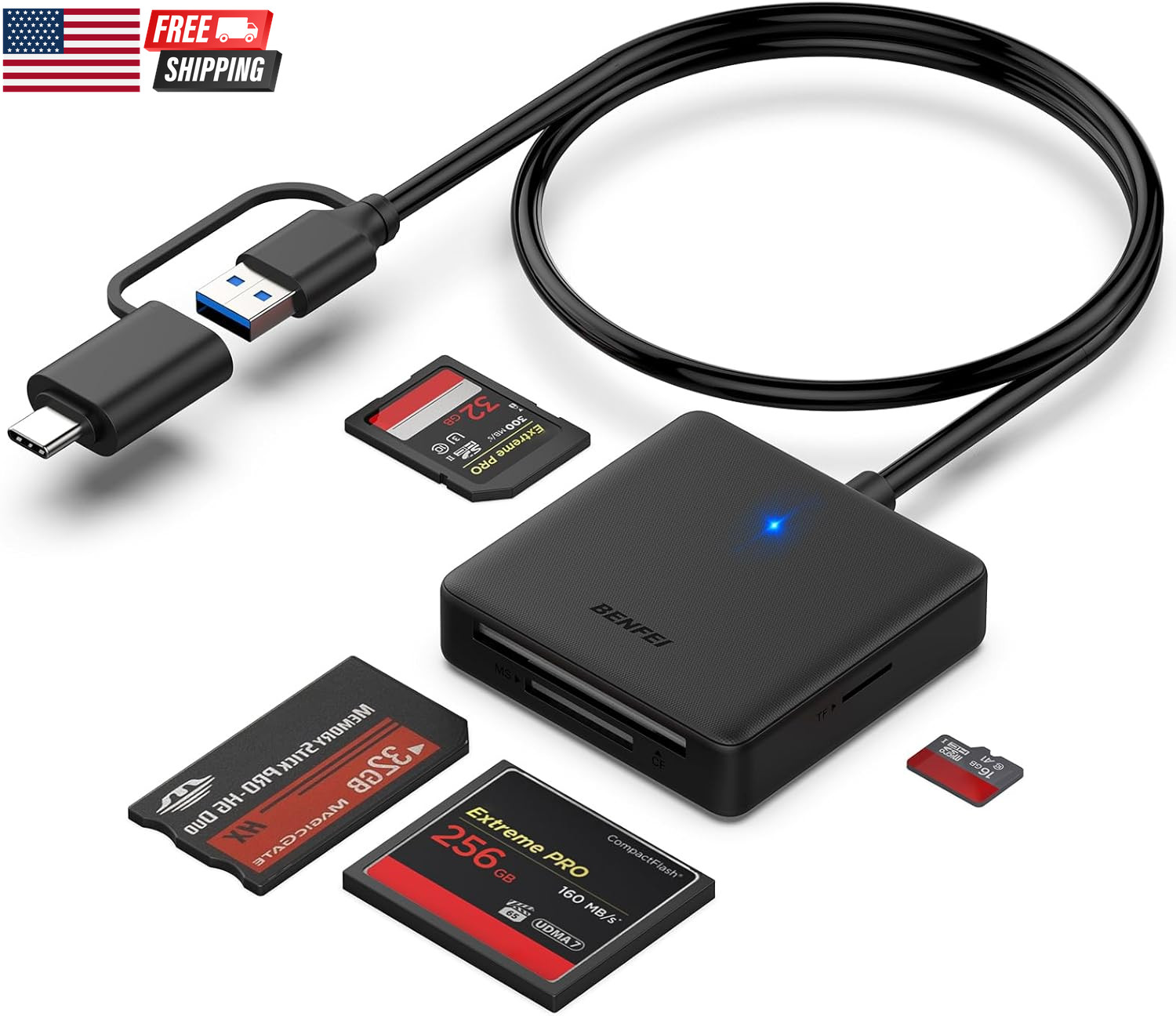Memory Card Reader,  4In1 USB 3.0 and USB-C to SD Micro SD MS CF Card Reader Ada